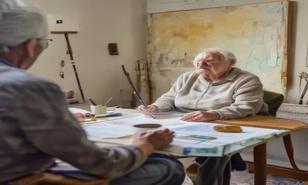Atelier d'art therapie en gerontologie avec peinture adaptee.