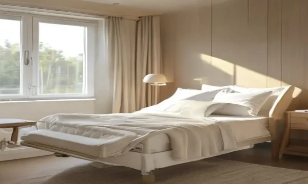 Lit medicalise a domicile dans une chambre sobre et adaptee.