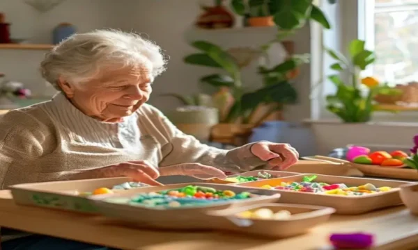 Activite Montessori adaptee en geriatrie avec objets du quotidien.